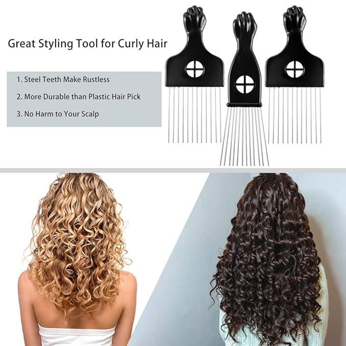 3 Pack CAREHOOD Metal Afro Lift Comb - Wide Tooth for Men's and Women's Curly/Textured Hair, Detangling Tool for Wigs, Braids, and Styling