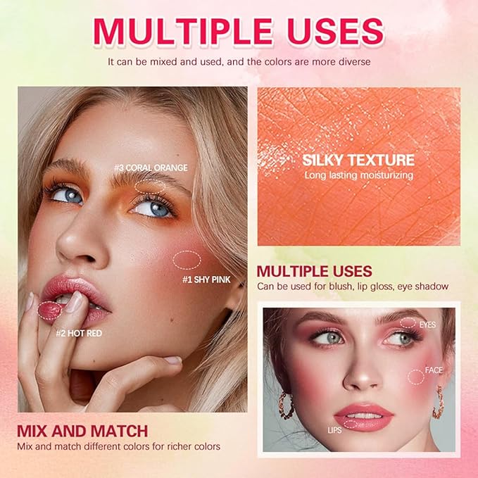 Multi-Purpose Makeup Blush Stick, 3-in-1 Beauty Tinted Solid Blush Stick For Cheeks, Lips And Eyes Waterproof Natural Cream Blush Stick With Long-Lasting Moisturizing Formula (#3Coral Orange)