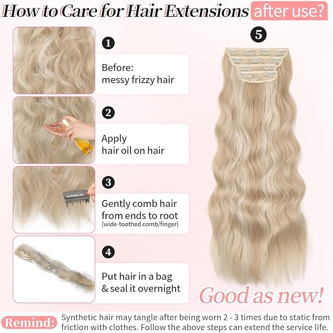 KooKaStyle Clip in Long Wavy Synthetic Hair Extension 20 Inch Pearl Blonde 4PCS Thick Hairpieces Fiber Double Weft Hair for Women