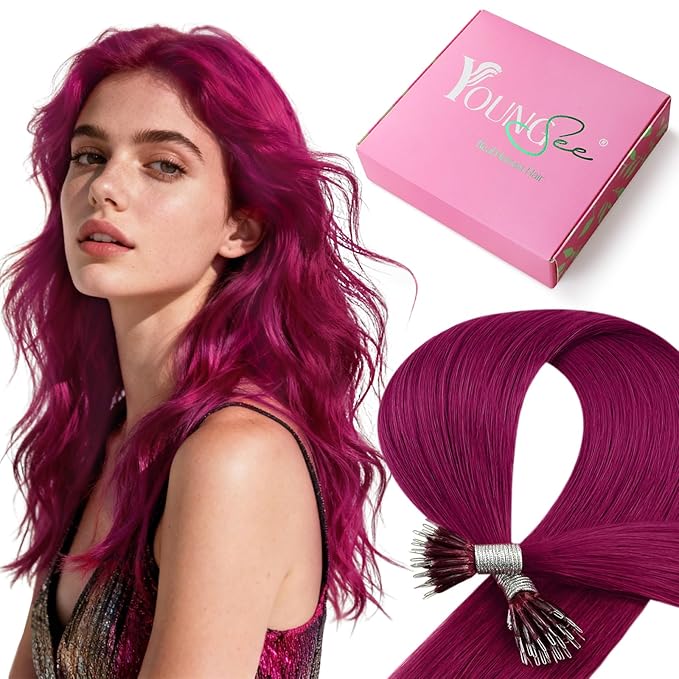 YoungSee Nano Ring Hair Extensions Magenta Nano Beads Hair Extensions 16inch Burgundy Nano-Ring Hair Extension Red Nano-Tip Extension Silky Cold Fusion 25g 25s for Experimenting with colors
