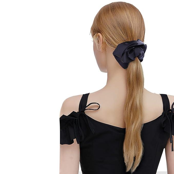 4PCS Large Satin Silk Scrunchies for Women - Big Glossy Scrunchie for Thick Hair Girl Hair Ties Ponytail Holders Jumbo Scrunchies (Black Navy-Blue Brown Champagne)
