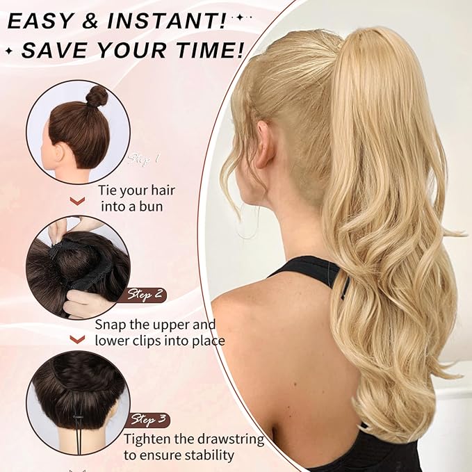 Blonde Ponytail Extension, 20 Inch Drawstring Ponytail Extension for Women Long Blonde Wavy Layered Pony Tails Hair Extensions Synthetic Clip in Ponytail Hairpiece for Women(27/613)