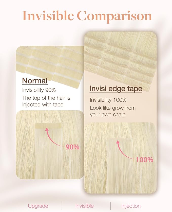 GOO GOO Invisi Edge Tape in Hair Extensions Human Hair, 60A Platinum Blonde, 6pcs 24inch 18g, Virgin Remy Hair, Seamless Injected Tape, Natural Look