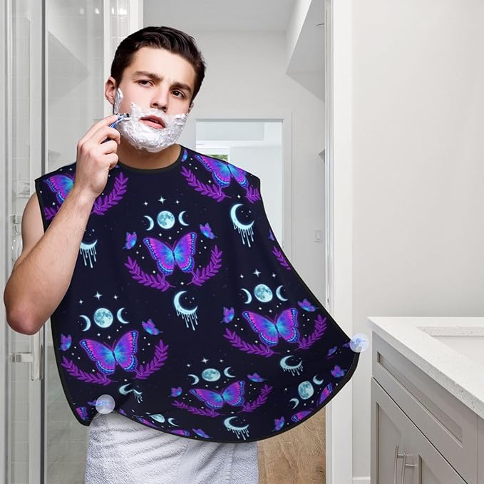 Adjustable Beard Catcher Apron, Magic Moon Moth Mystical Goth Astrology Art Shave Bib, Non-Stick Waterproof Grooming Bib, Shaving Essential for Men Dad Christmas