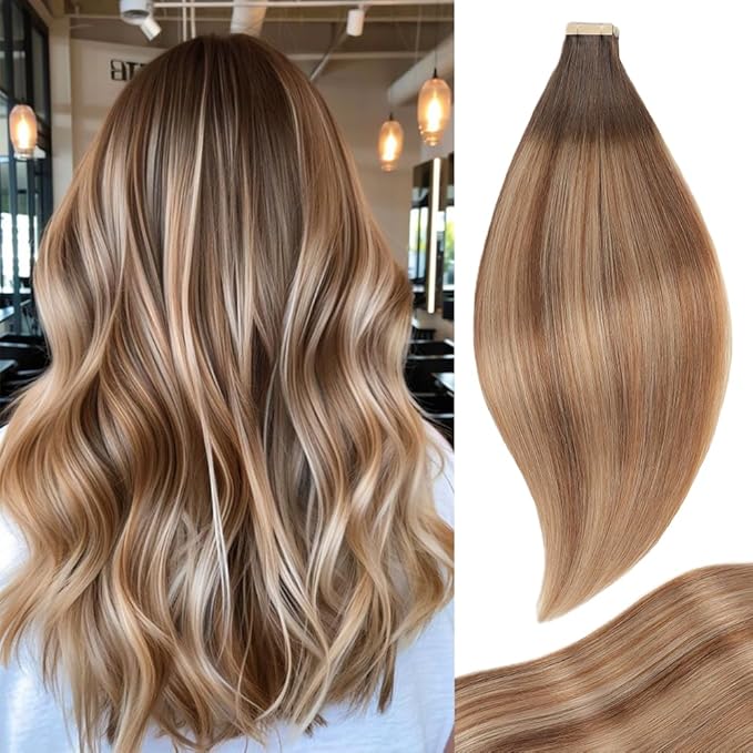 Human Hair Tape in Extensions, Chestnut Brown to Light Brown Mixed Light Blonde Hair Extensions Real Human Hair 20 Inch 20pcs Remy Straight Tape ins Invisible Tape in Hair (2/6/18K#,20 Inch)