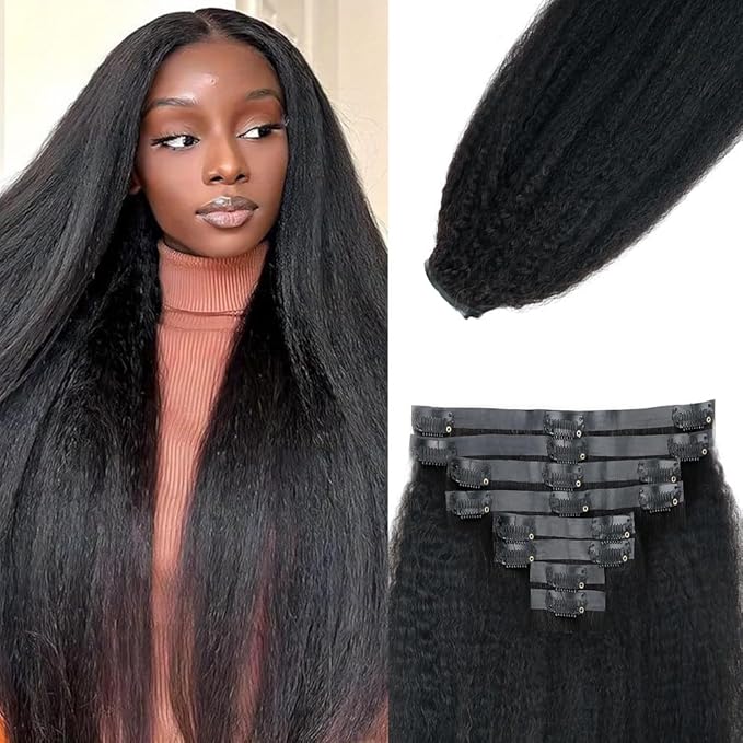 Seamless Kinky Straight Clip in Hair Extensions for Black Women Brazilian Virgin Human Hair Extensions 8Pcs Seamless Clip ins Human Hair with 18Clips Invisible PU Skin Weft 120g 24inch Natural Black