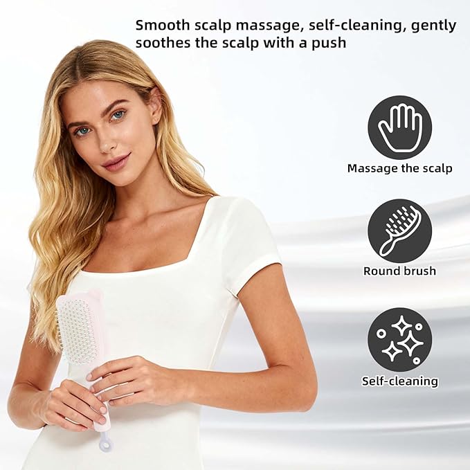 Retractable Air Cushion Massage Comb for Woman, Comfortable Self-Cleaning Detangling Hair Clean Brush with Pull Ring Anti-Static Comb for All Hair Types (White)