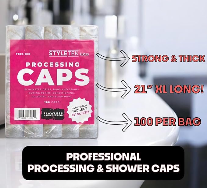 STYLETEK® 100 PCS Disposable Clear Processing/Shower Hair Caps, 21” XL Size, Thick Waterproof conditioning capes