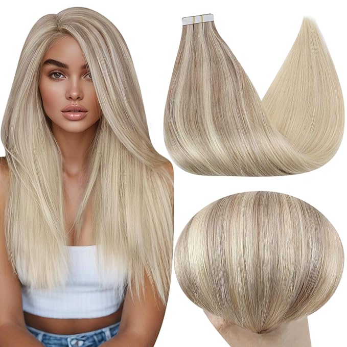 Full Shine 22 Inch Tape in Hair Extensions Human Hair Balayage Real Hair Extensions Tape in Color 18 Ash Blonde Fading to 22 and 60 Platinum Blonde Hair Extensions Adhesive Tape Extensions 20 Pcs 50G