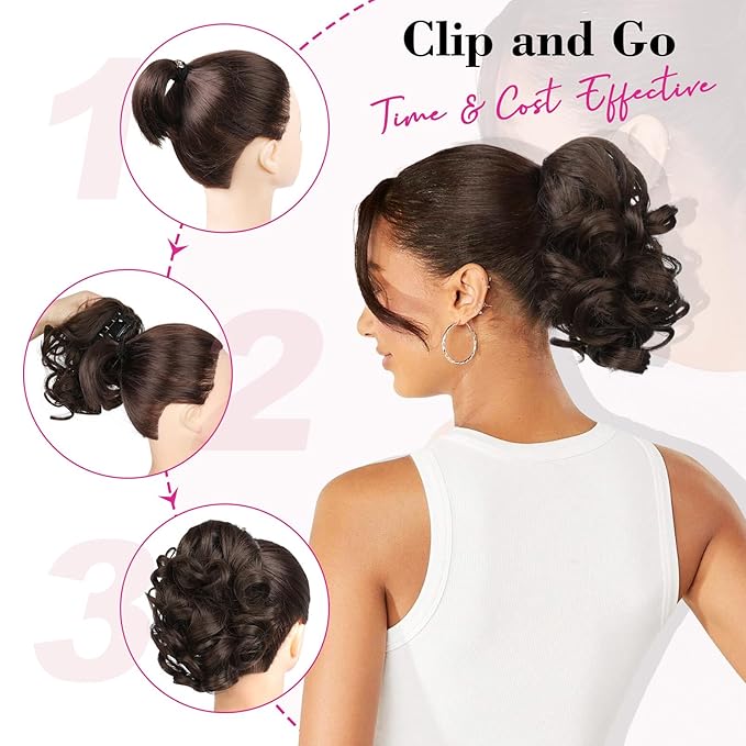 REECHO 9" Short Ponytail Extension, Classic Loose Curly Wavy Claw Clip Pony tails Hair Extensions HP001 Hairpieces for Women (Light Brown with Blonde Highlights)