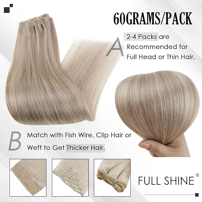 Full Shine Human Hair Clip in Extensions Blonde Highlight Straight Remy Clip in Hair Extensions Ash Blonde Lace Weft Real Human Hair Extensions Clip ins 14 Inch 3 Pcs 60 G