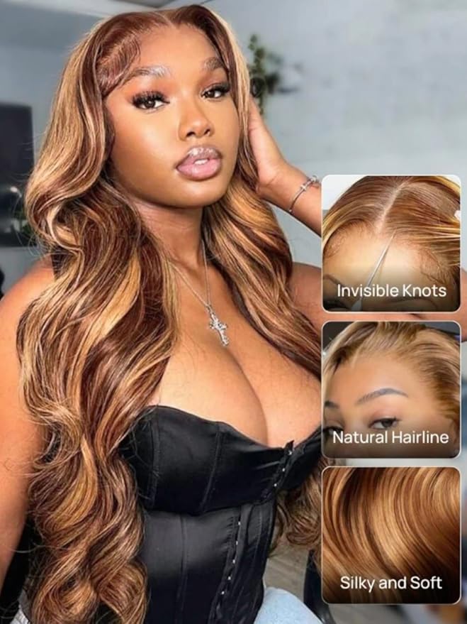 KLAIYI Bye Bye Knots Glueless Wig Highlight Blonde Body Wave Pre Cut 7x5HD Lace Front Wigs Human Hair Pre Plucked Pre Bleached Pre Everything Wear and Go Wig 12A Ombre Brown 30S Ready To Wear 28Inch