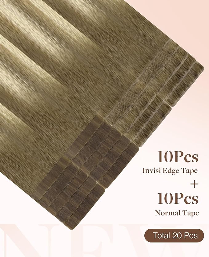 GOO GOO Invisi Edge Tape in Hair Extensions Human Hair, 9/60 Balayage Ash Brown to Platinum Blonde 10pcs injected with 10pcs classical tape ins, 22inch 50g, Virgin Remy Hair, Natural Look