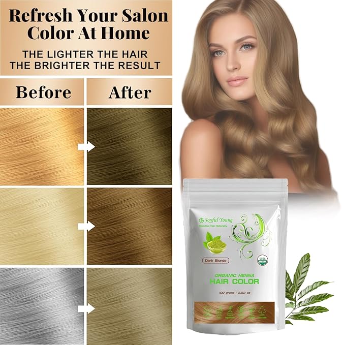 100% Organic Henna Hair Color – Natural, Chemical-Free Hair Dye for Rich, Vibrant Color & Gloss – Grey Coverage, Safe for All Hair Types, Vegan Non-Toxic, Herbal Hair Treatment (DARK BLONDE)