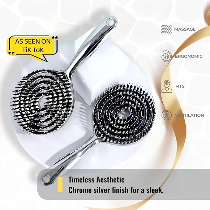 Vented Hair Brush Wet Dry Hair Brush for Quick Flat Blow Drying with Natural Boar Bristles Elastic Scalp Massage Brush Double Layer Design for Smooth Hair（Chrome Silver）