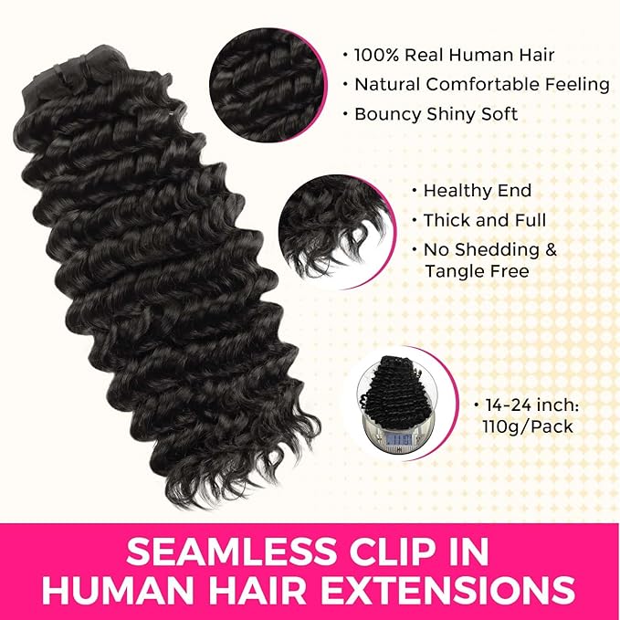 Lashey Clip in Hair Extensions 110g 7pcs Deep Wave Seamless Clip in Hair Extensions Human Hair 14 Inch Natual Black Thick Human Hair Clip ins Extensions for Women