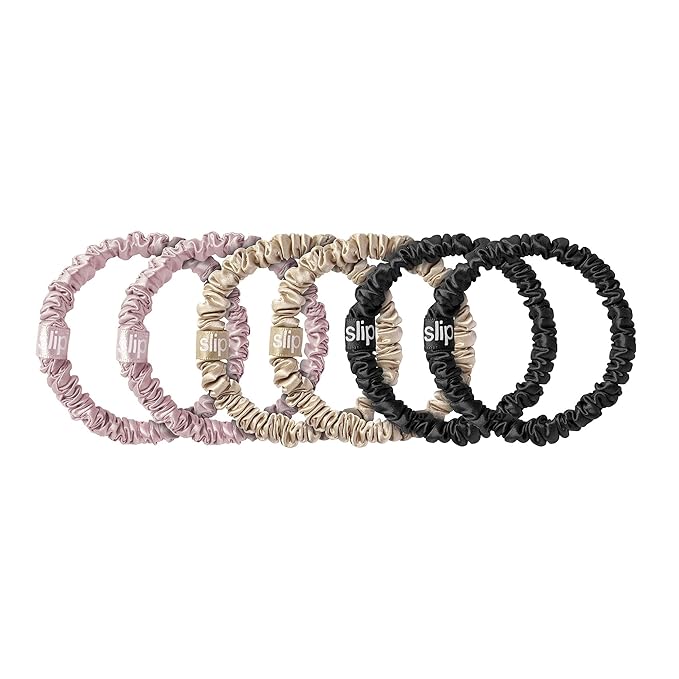 slip Skinny Scrunchies Multi | Set of 6 Pure Silk Skinny Scrunchies | Includes 2 Pink, 2 Caramel, 2 Black | 100% Mulberry Silk, Anti-Crease, Gentle on Hair, Reduces Breakage | Stylish & Durable