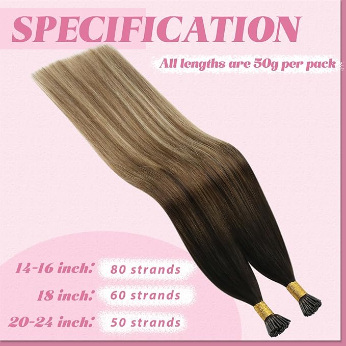 YoungSee Hair Extensions Itip Brown Balayage Human Hair Extensions I Tip 20In Brown Ombre Medium Brown with Blonde Itips Hair Extension Real Human Hair I Tip Remy Hair Extension 50s 50g