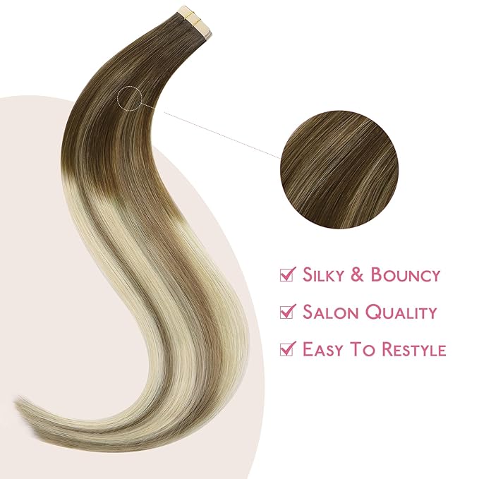 WENNALIFE Tape in Hair Extensions Human Hair Ombre Walnut Brown to Ash Brown and Bleach Blonde Tape in Extensions, 10pcs 25g 14 inch Remy Invisible Tape Ins Straight Real Human Hair Tape in Extensions