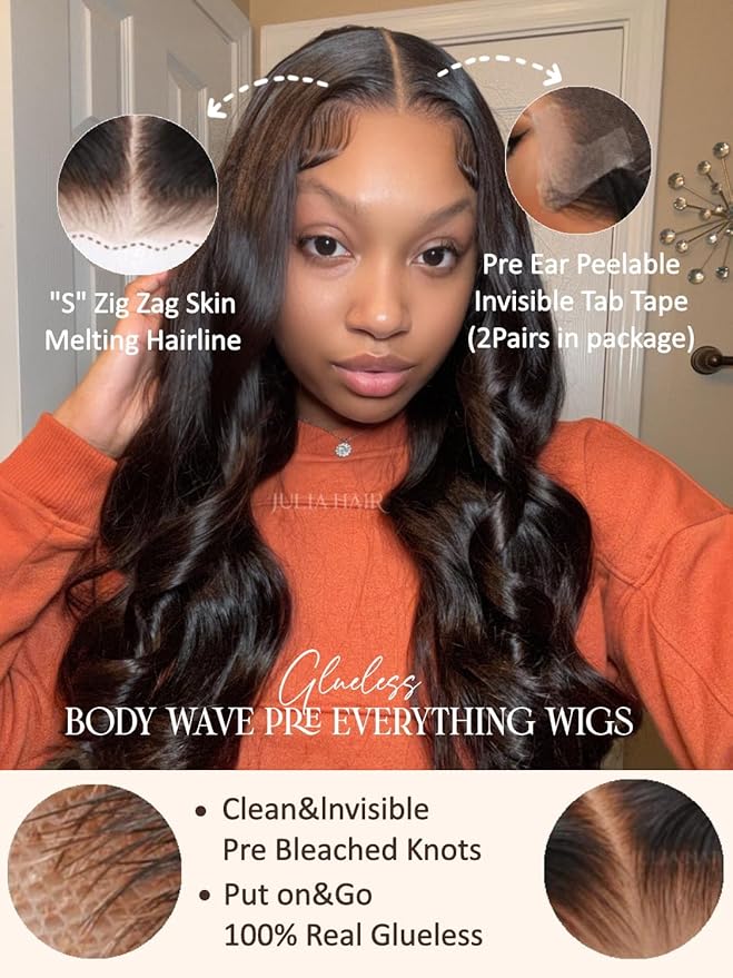 Julia Hair Body Wave Glueless 13x4 Lace Front Wigs Human Hair 12A Pre Cut Lace Frontal Wig Pre Bleached Bye Bye Knots Pre Everything Put on and Go 180% Density Fast Wear Wigs Natural Color 24 Inch