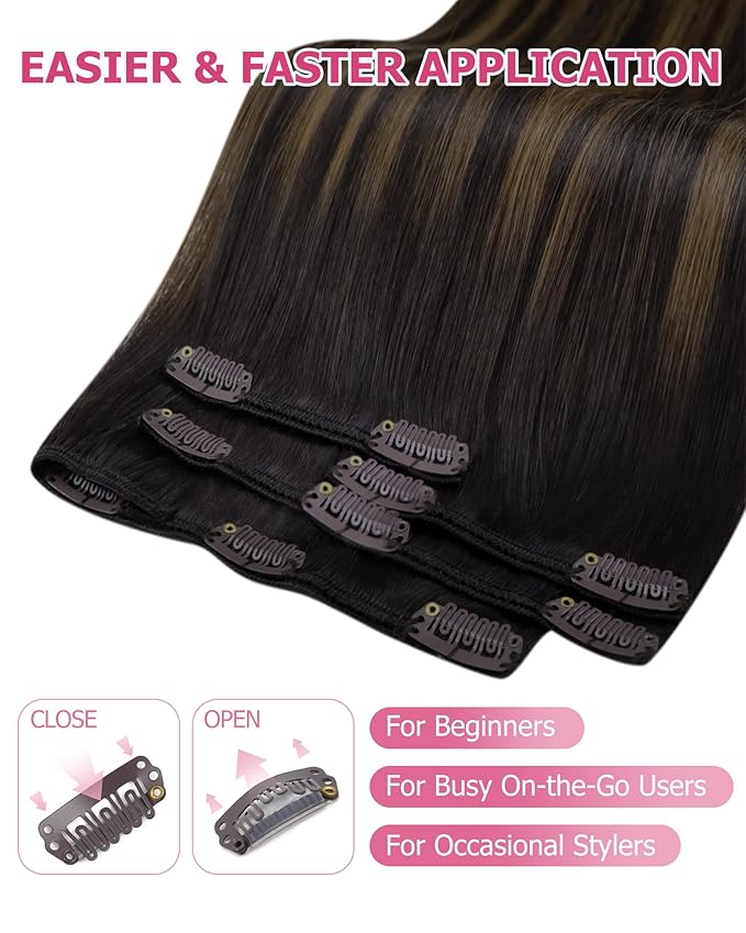 YoungSee Dark Brown Hair Extensions Clip ins Balayage Clip in Human Hair Extensions Dark Roots to Medium Brown Clip on Hair Extension for Women 14inch 120g