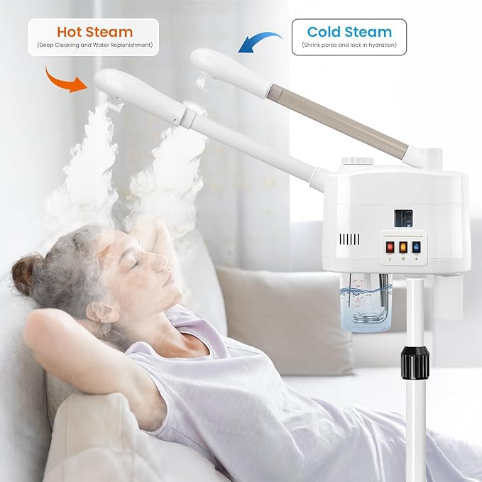 Professional Facial Steamer, 2 in 1 Facial Steamer on Wheels for Cold Mist & Hot Mist & Timer Function, Stand Face Steamer Adjustable Height for Spa, Salon and at Home use