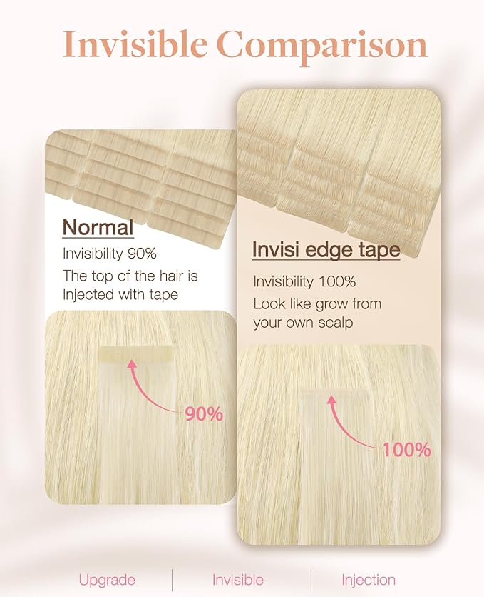 GOO GOO Invisi Edge Tape in Hair Extensions Human Hair, 613R Bleach Blonde 10pcs injected with 10pcs classical tape ins, 24inch 50g, Virgin Remy Hair, Natural Look