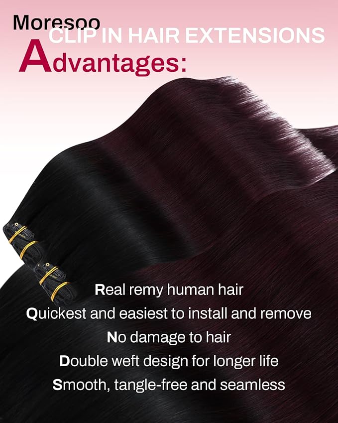 Moresoo Ombre Black to Red Hair Extensions Clip ins Long Natural Black to Burgundy Clip in Hair Extensions Red Double Weft 120g/7pcs 18 inch