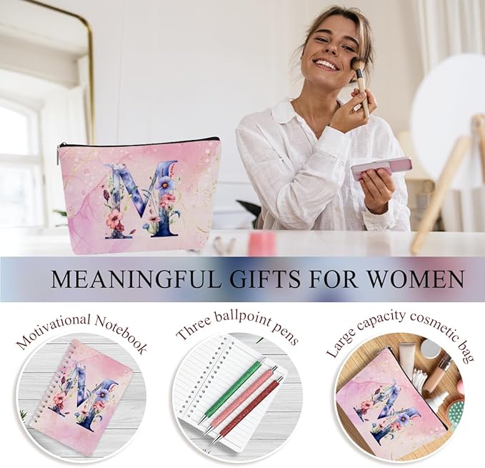 Personalized Gifts Monogrammed Birthday Gifts for Women, Her, Teacher Mother in Law Wedding Christmas Initial 20 oz Tumbler, Makeup Bag Cup Pens Journal Notebook 6 Set, (Aesthetic Pink Flower M)