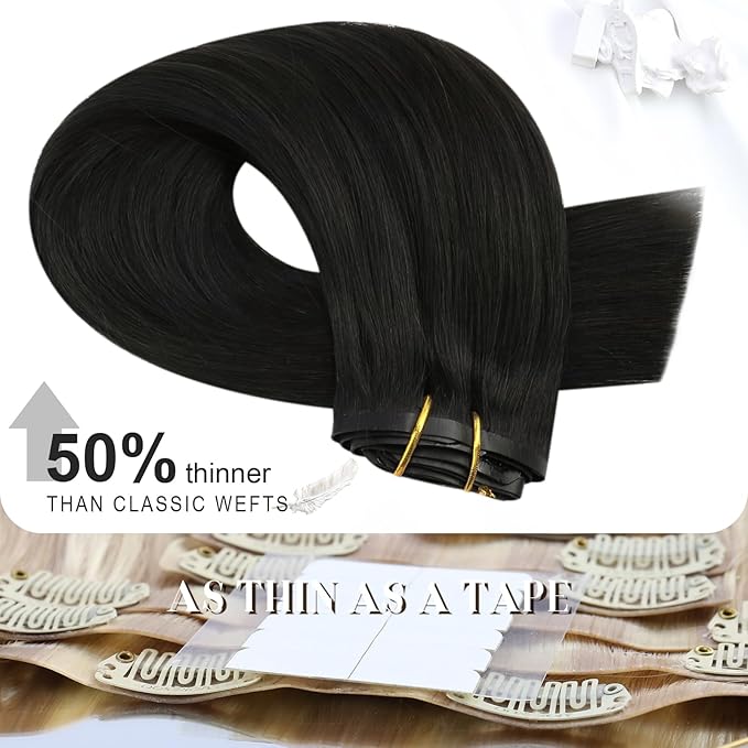 Moresoo Seamless Clip in Hair Extensions Real Human Hair Black Straight Can Be Curled Hair Extensions Clip ins Short 14inch Pure Skin Invisible Natural Black for Daily Use 120g/7pcsv