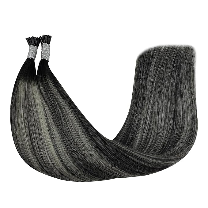YoungSee Itip Human Hair Extensions Ombre Black 22 Inch I Tip Extensions Silver with Black Balayage Itip Extension Human Hair Pre Bonded Hair Extension Itips Hair Extension Long Hair 50s 50g