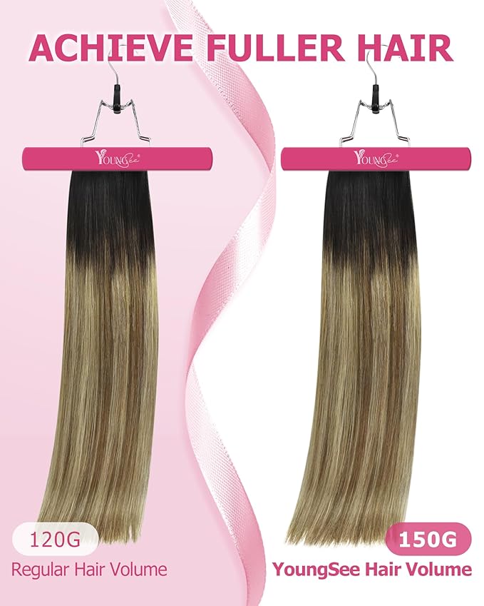 YoungSee Clip in Human Hair Extensions Balayage Clip on Hair Extensions for Women Darkest Brown to Blonde with Brown Balayage Clip in Extensions Real Human Hair Long Straight Hair 24Inch 120G 7Pcs