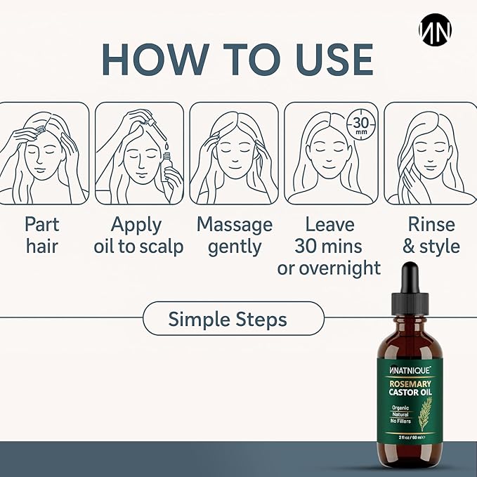 Natnique Rosemary Castor Oil – 100% Pure Cold-Pressed Organic Hair Growth Oil, Hexane-Free Scalp Serum & Moisturizing Treatment for Dry Scalp, Fuller Hair, Stronger Roots & Natural Care – 2oz