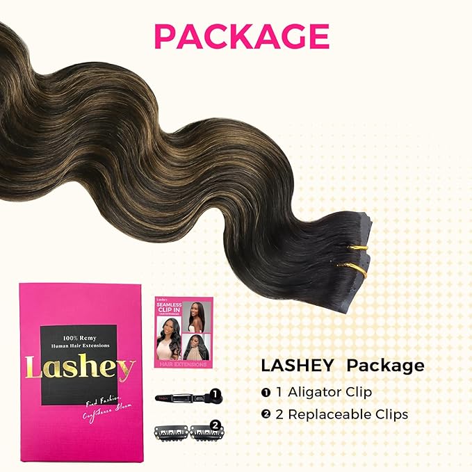 Lashey Seamless Clip in Hair Extensions Human Hair 150g 9pcs 20 Inch Body Wave Natural Black Mixed Chestnut Brown Clip in Hair Extensions for Women
