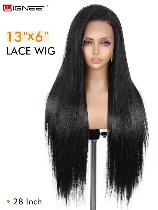 WIGNEE 13x6 Synthetic Lace Front Wig 28" Long Straight Wig Natural Black Kanekalon Futura Synthetic Wigs for Black Women Pre-Plucked Glueless Wig for Daily Party Use