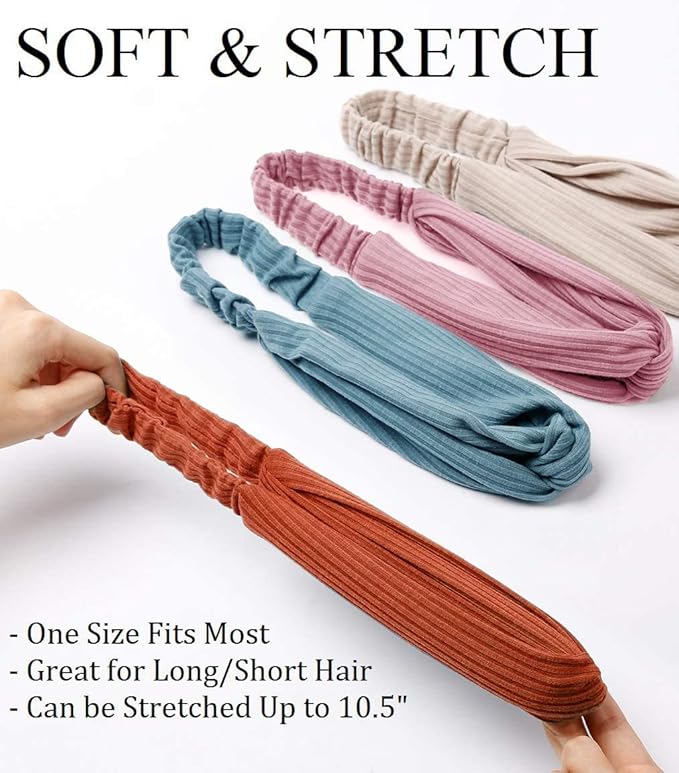 Huachi Headbands for Women Twist Knotted Boho Stretchy Hair Bands for Girls Criss Cross Turban Plain Headwrap Yoga Workout Vintage Hair Accessories, Solid Color, 8Pcs