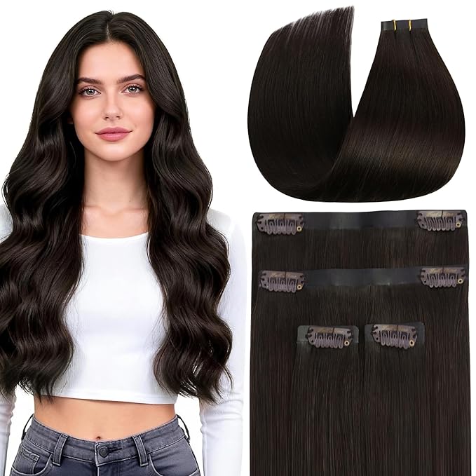 Full Shine Dark Brown Seamless Clip in Hair Extensions Human Hair, 12Inch Hair Extensions for Women, Fill ins Invisible PU Skin Weft Clip ins for Thin Hair Add Thickness, 4Pcs12inch 55Grams