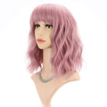FAELBATY Short Curly Wavy Pink Wigs with Bangs Shoulder Length Synthetic Wig for Women and Girls Costume Cosplay Wigs(12" Pink)
