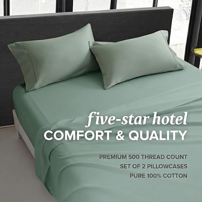 Beckham Hotel Collection 100% Cotton Pillow Cases King Size Set of 2, 500TC, Luxury Sateen Pillowcases, Open End, Breathable, Moisture-Wicking, Aqua Gray