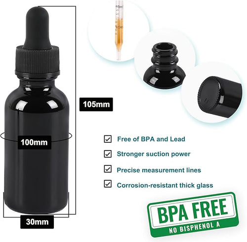 24 Pack,1oz Glass Dropper Bottle,Black Tincture Bottles with Dropper,Pretty Finish for All Kinds of Liquids,Oil Bottles for Hair- Stronger Suction ideal for Leakproof Travel