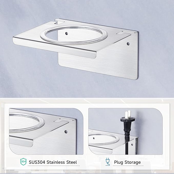 Hair Dryer Holder Wall Mounted, Hair Tool Organizer for Blow Dryer Holder Stainless Steel, Bathroom Hairdryer Holder, Adhesive Hair Dryer Organizer Storage Hanger for Vanity Barber Shops