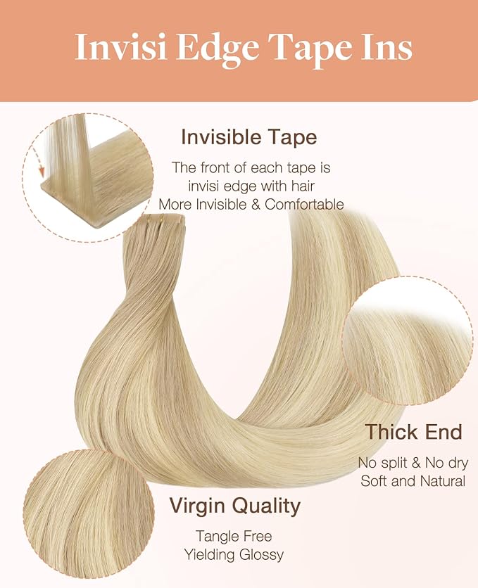GOO GOO Invisi Edge Tape in Hair Extensions Human Hair, 18ET90A Natural Blonde Balayage 10pcs injected with 10pcs classical tape ins, 12inch 40g, Virgin Remy Hair, Natural Look