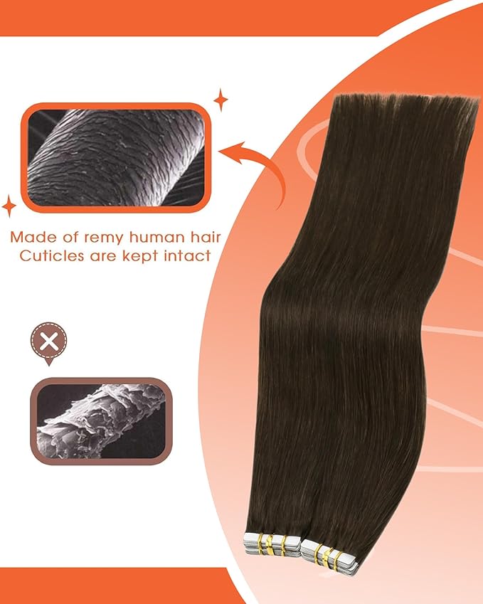 Sunny Hair Tape in Hair Extensions Real Human Hair Invisible Remy Hair Extensions Tape ins for Women Dark Brown 18 inch 25G
