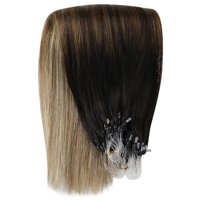 YoungSee Micro Bead Hair Extensions Real Human Hair Balayage Microbead Hair Extensions Dark Brown Ombre Medium Browns with Blonde Beaded Hair Extension 22In Pre Bonded Hair Extension 50g 50s
