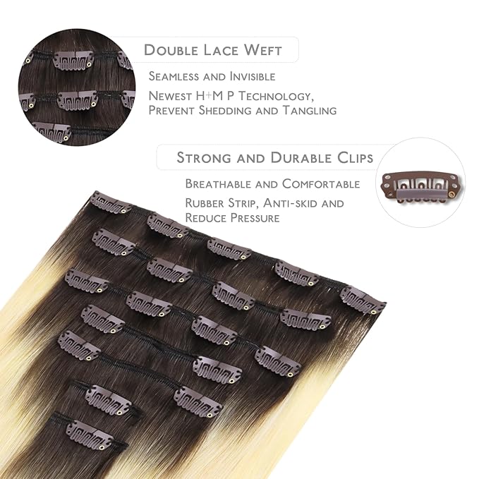 WENNALIFE Clip in Hair Extensions, 16 Inch 120g 7pcs Clip in Hair Extensions Real Human Hair, Ombre Light Dark Brown to Platinum Blonde Human Hair Remy Hair