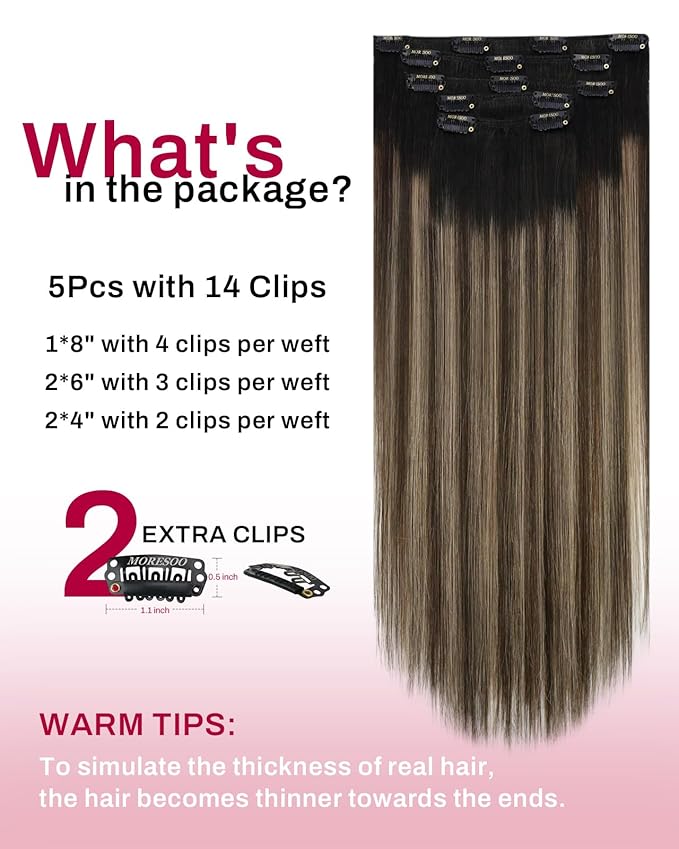 Moresoo Black to Blonde Ombre Clip in Hair Extensions Real Human Hair Long Human Hair Clip in Extensions Natural Black to Dark Golden Blonde with Dark Brown Remy Double Weft 80g/5pcs 22 inch