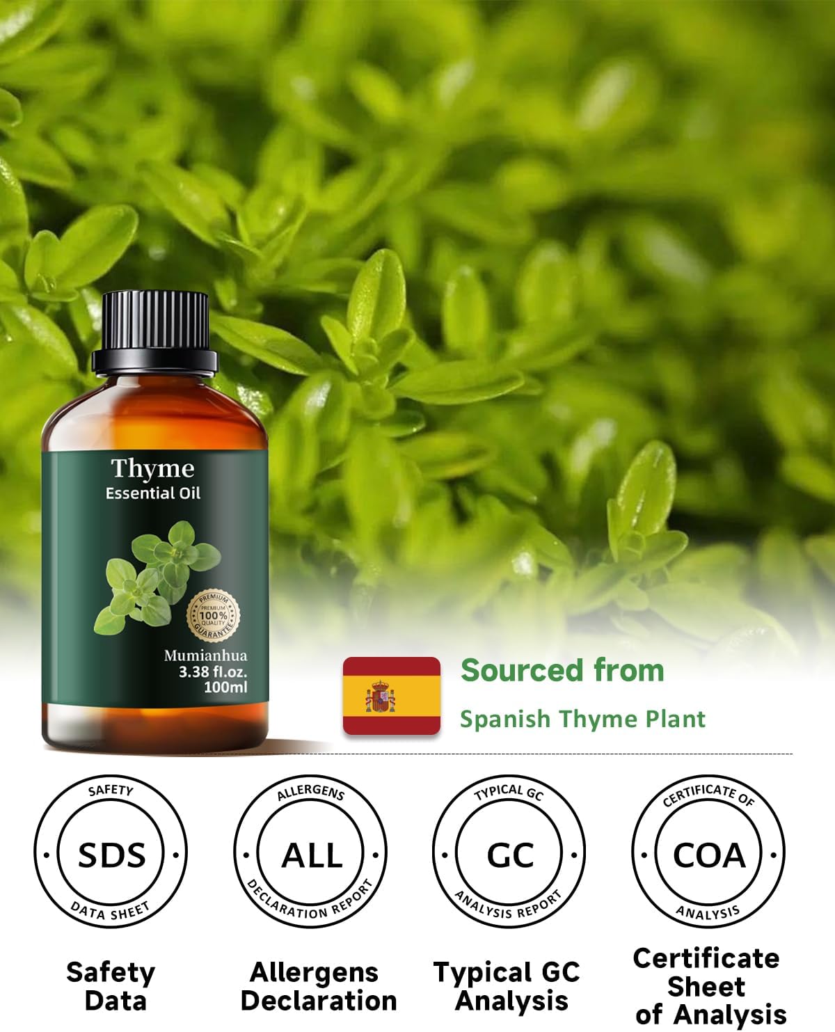 Thyme Essential Oil Pure, Mumianhua Natural Thyme Oil, Therapeutic Grade Aromatherapy Oil for Diffuser, Hair Care, Skin, Massage, Soap,Candle Making, Scent DIY 3.38 Fl Oz