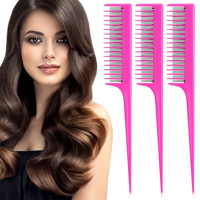 Leinuosen 3 Pcs Triple Teasing Comb for Women Plastic Rat Tail Comb Heat Resistant Pintail Tease Layer Tool for Thick Fine Hair Styling Backcombing Volume Structure(Pink)
