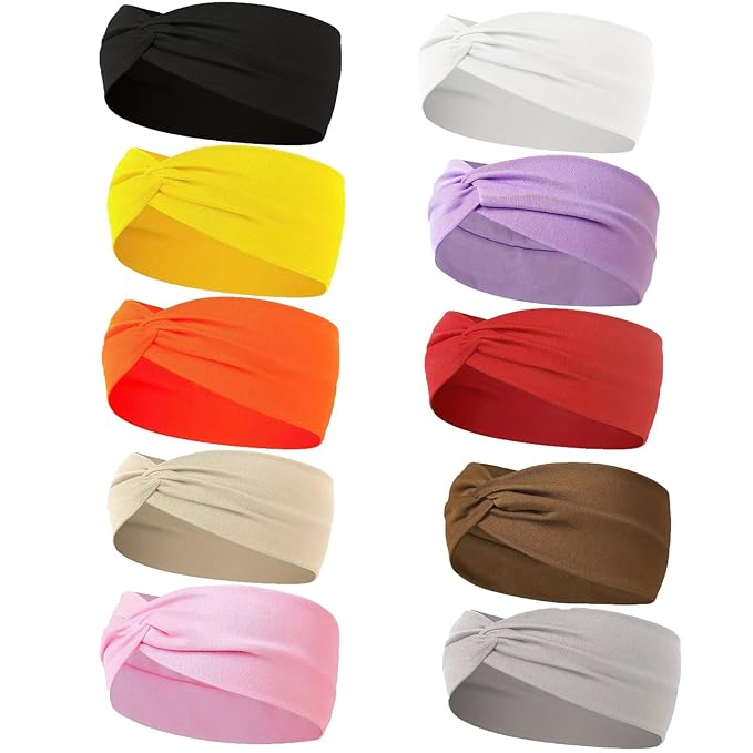 10 Pcs Wide Absorbent Sport Headbands for Women, Non-slip, Stretchy, Soft Cotton Twist Knotted Hair Bands for Daily Workout Yoga Running Sports