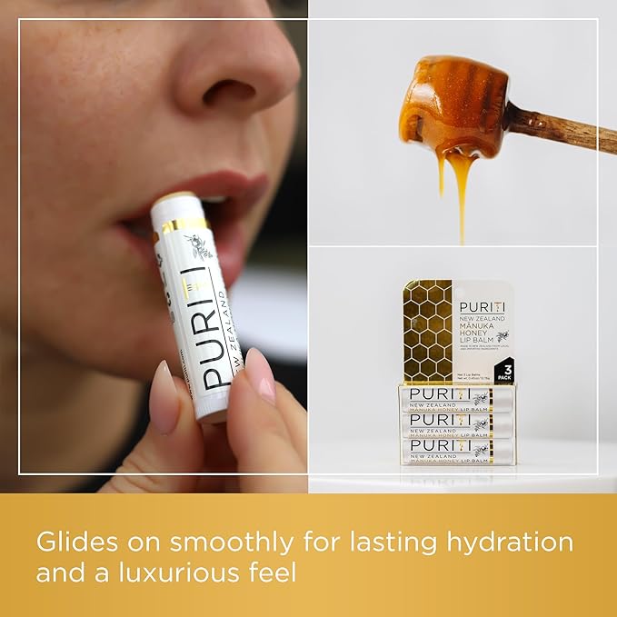 PURITI Manuka Honey Lip Balm – 3pack Soothing & Moisturizing, Enriched with Almond, Jojoba, Macadamia Oils, Cocoa Butter, Hydrating for Dry & Chapped Lips, 100% Genuine New Zealand Manuka Honey